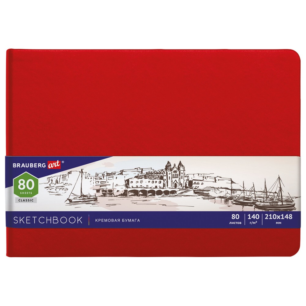 Скетчбук слоновая кость 140г/м 210х148мм, 80л, КОЖЗАМ, резинка, BRAUBERG ART, красный, 113197